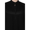 Zipper Front open pleated abaya with lace work- Black